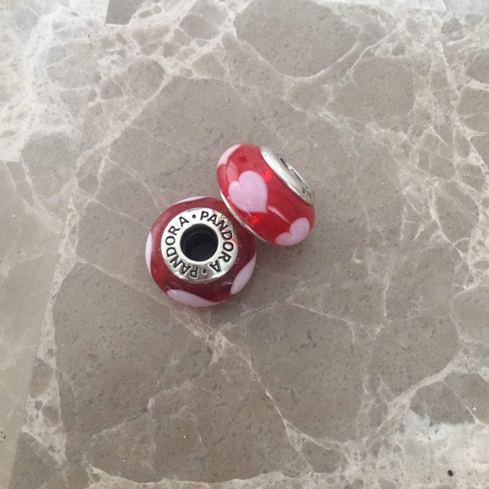 For 2: Pandora Heart Silver Murano Glass Charms